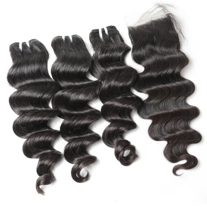 One Donor Loose Deep 3 Bundle Deal With 4×4 HD Lace Closure