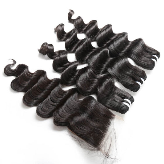One Donor Loose Deep 3 Bundle Deal With 4×4 HD Lace Closure