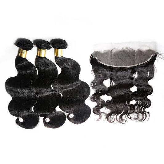 One Donor Raw Body Wave 3 Bundle Deal With 13×4 Transparent Lace Frontal