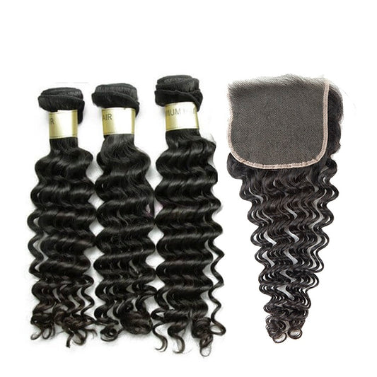 One Donor Raw Deep Wave  3 Bundle Deal With 5×5 HD Lace Closure
