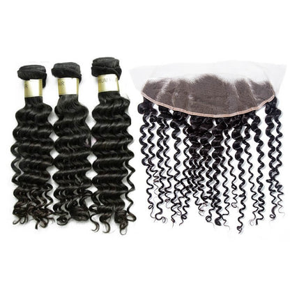 One Donor Raw Deep Wave 3 Bundle Deal With 13×4 Transparent Lace Frontal