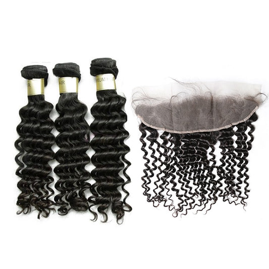 One Donor Raw Deep Wave 3 Bundle Deal With 13×4 Swiss Lace Frontal